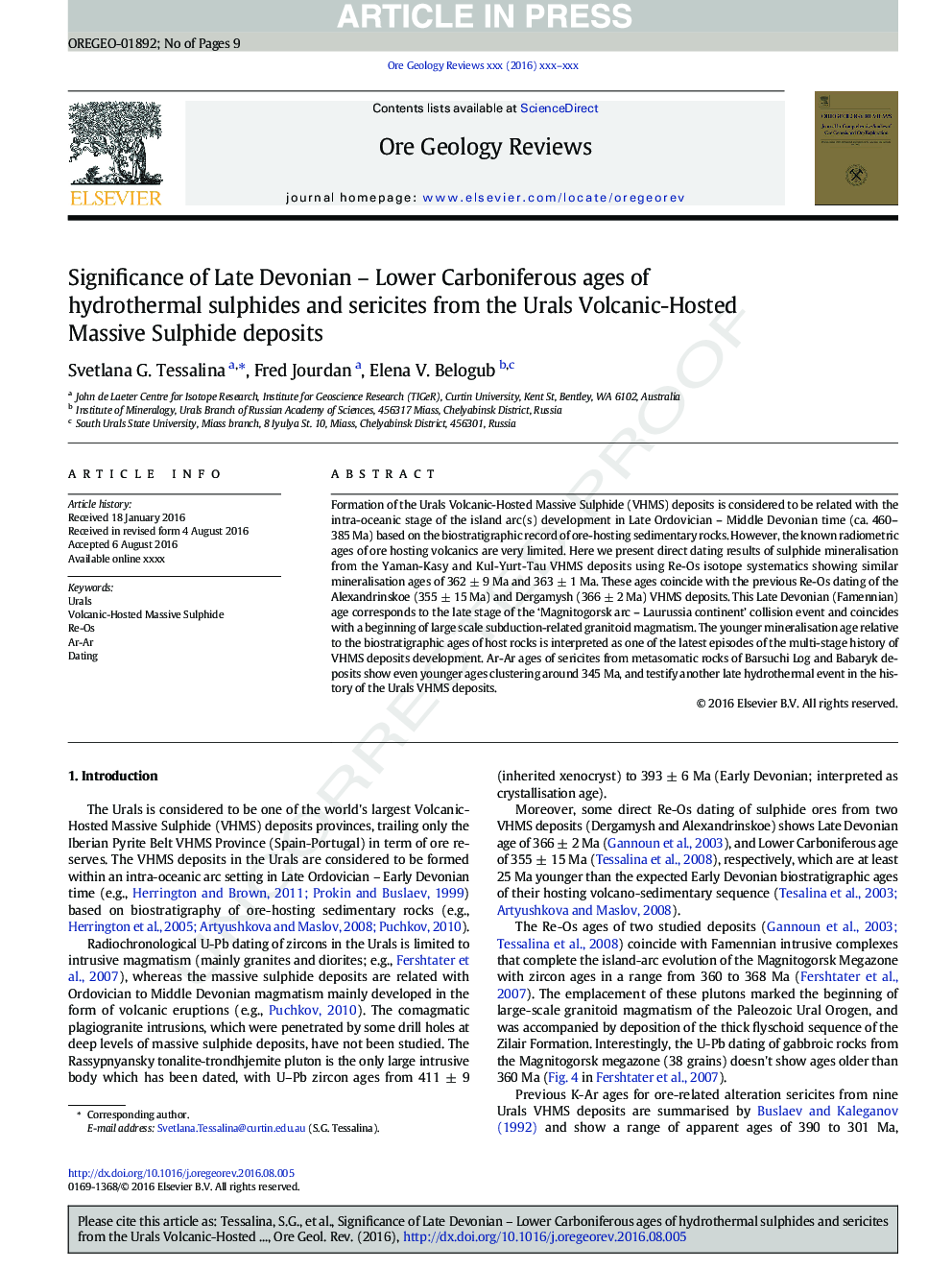 Significance of Late Devonian - Lower Carboniferous ages of hydrothermal sulphides and sericites from the Urals Volcanic-Hosted Massive Sulphide deposits