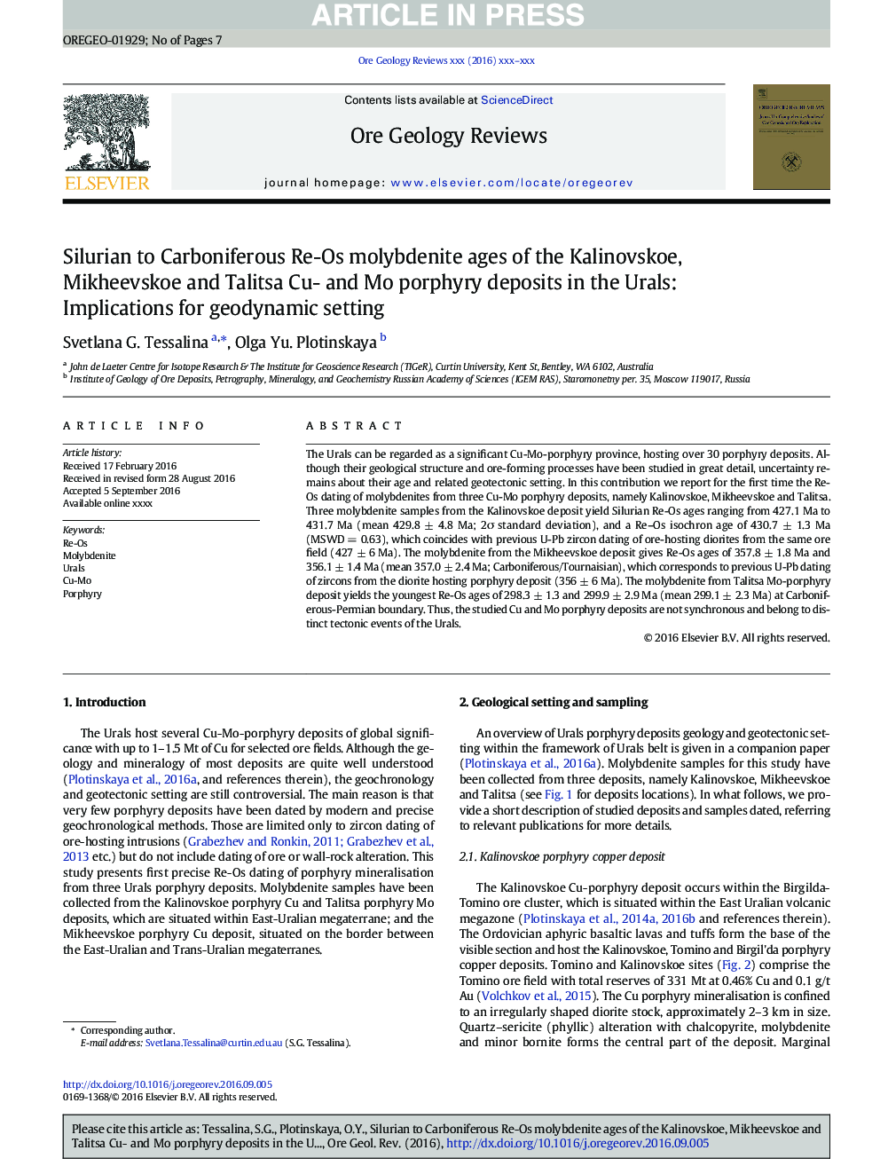 Silurian to Carboniferous Re-Os molybdenite ages of the Kalinovskoe, Mikheevskoe and Talitsa Cu- and Mo porphyry deposits in the Urals: Implications for geodynamic setting