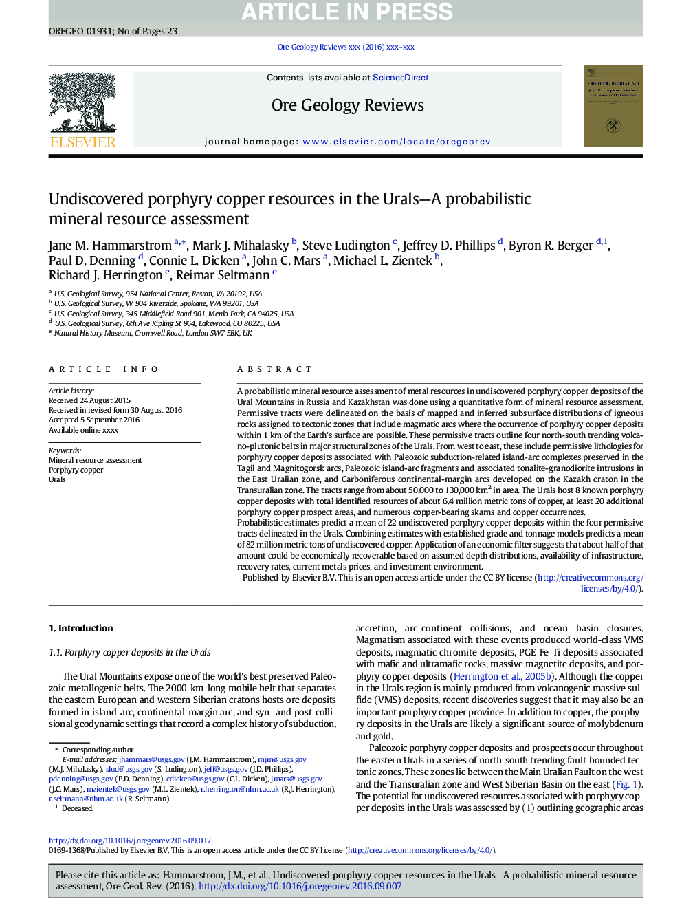 Undiscovered porphyry copper resources in the Urals-A probabilistic mineral resource assessment