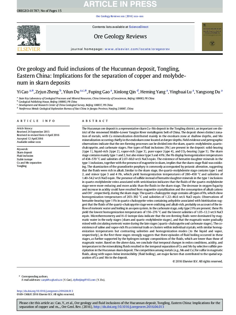 Ore geology and fluid inclusions of the Hucunnan deposit, Tongling, Eastern China: Implications for the separation of copper and molybdenum in skarn deposits