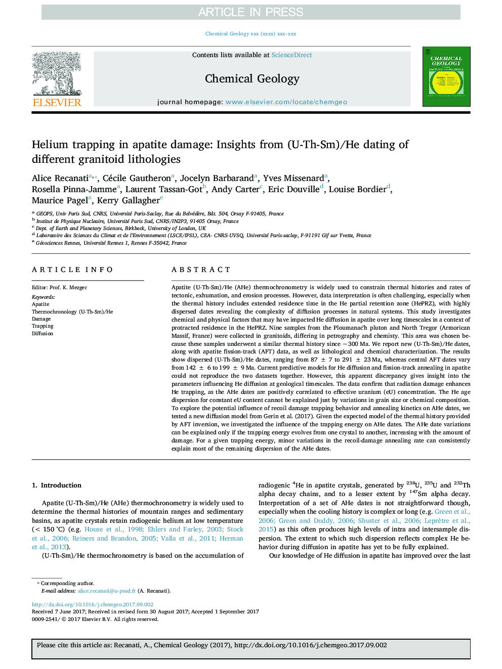 Helium trapping in apatite damage: Insights from (U-Th-Sm)/He dating of different granitoid lithologies