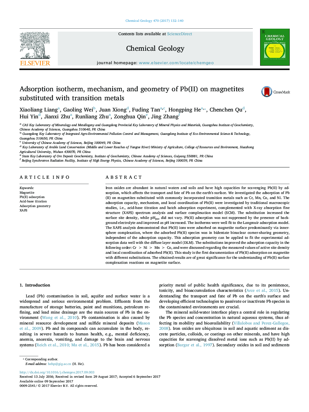 Adsorption isotherm, mechanism, and geometry of Pb(II) on magnetites substituted with transition metals