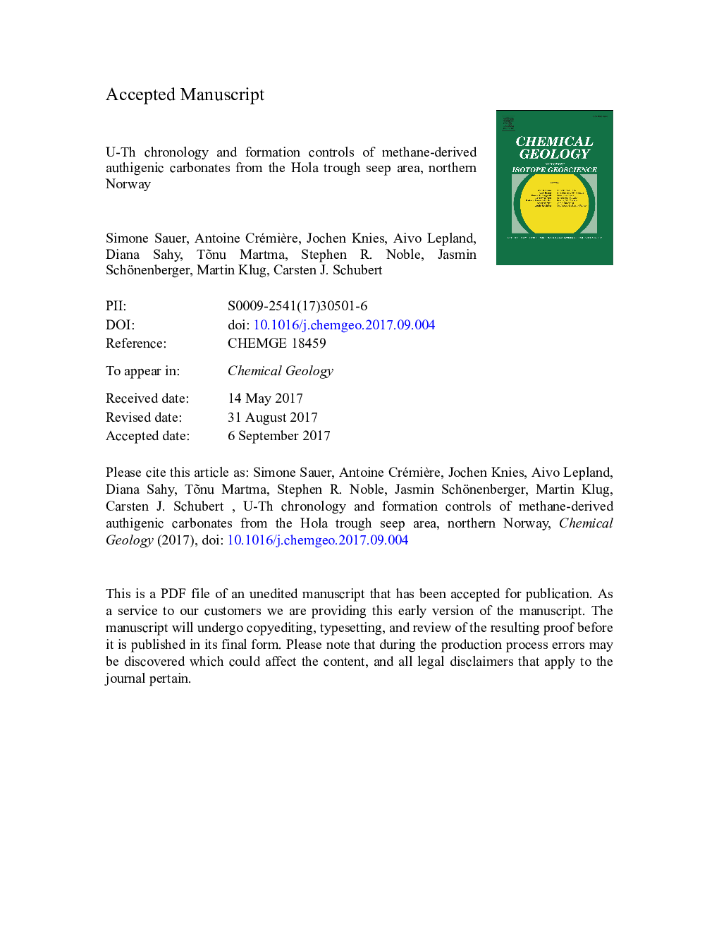 U-Th chronology and formation controls of methane-derived authigenic carbonates from the Hola trough seep area, northern Norway