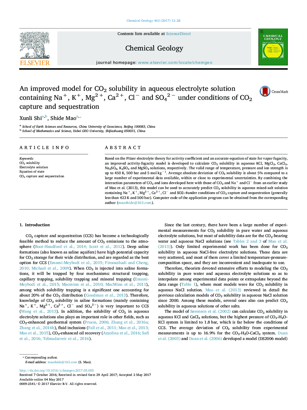 An improved model for CO2 solubility in aqueous electrolyte solution containing Na+, K+, Mg2Â +, Ca2Â +, Clâ and SO42Â â under conditions of CO2 capture and sequestration