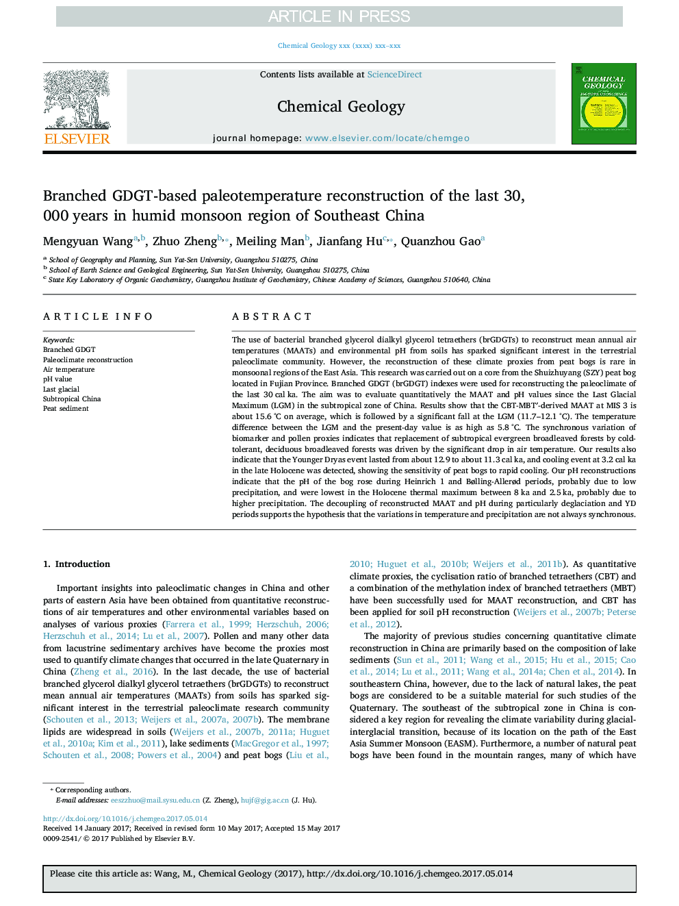 Branched GDGT-based paleotemperature reconstruction of the last 30,000Â years in humid monsoon region of Southeast China