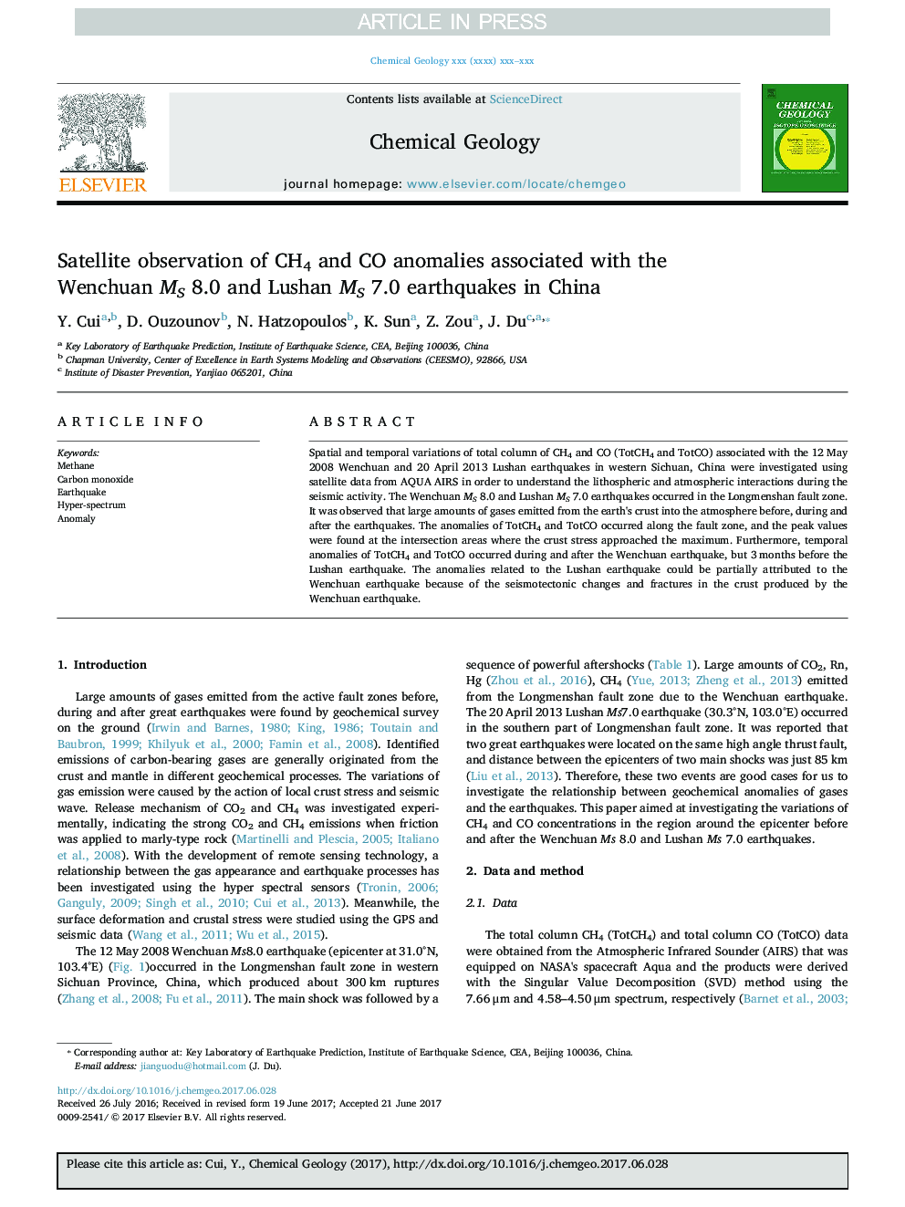 Satellite observation of CH4 and CO anomalies associated with the Wenchuan MS 8.0 and Lushan MS 7.0 earthquakes in China