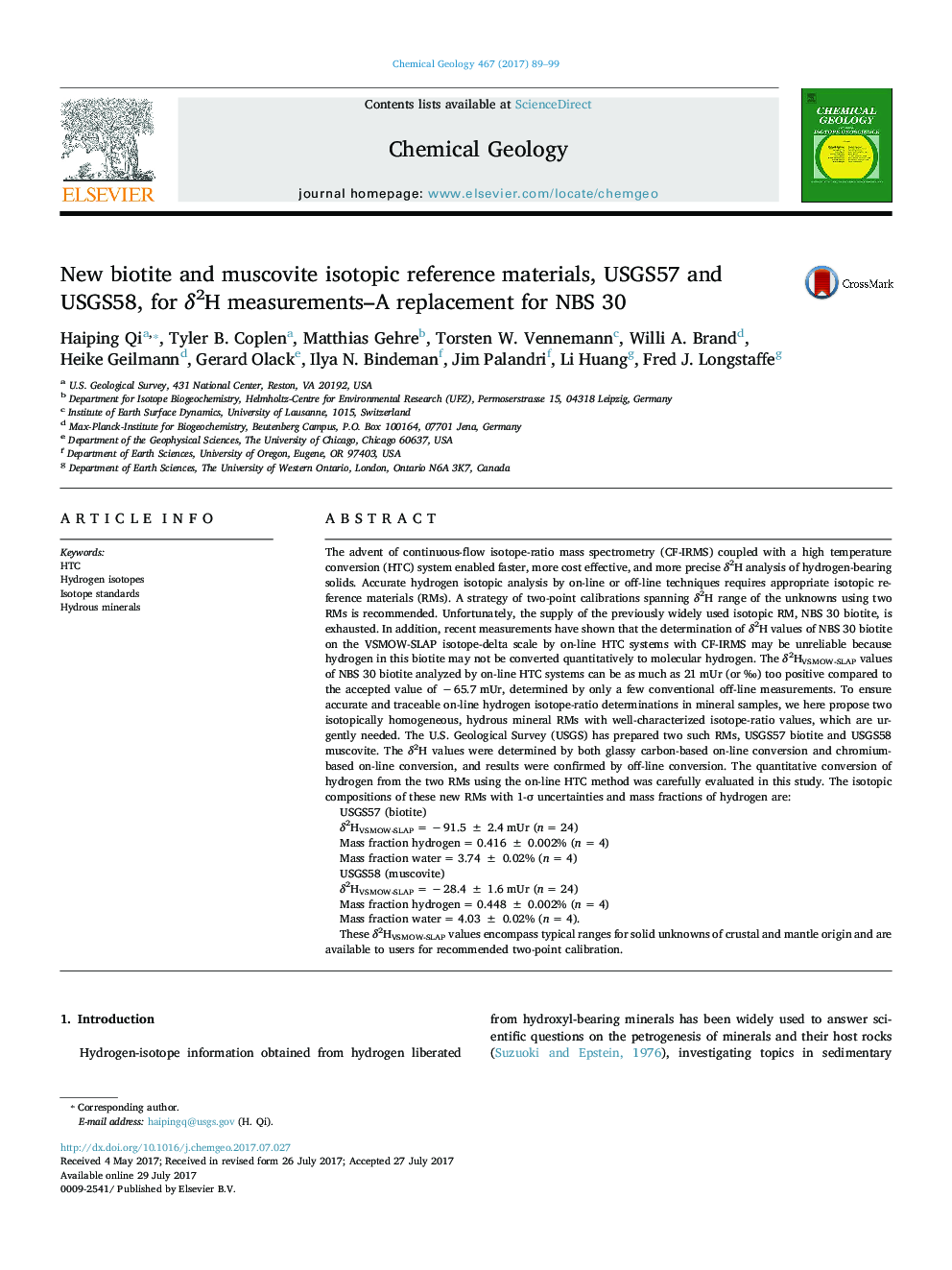 New biotite and muscovite isotopic reference materials, USGS57 and USGS58, for Î´2H measurements-A replacement for NBS 30