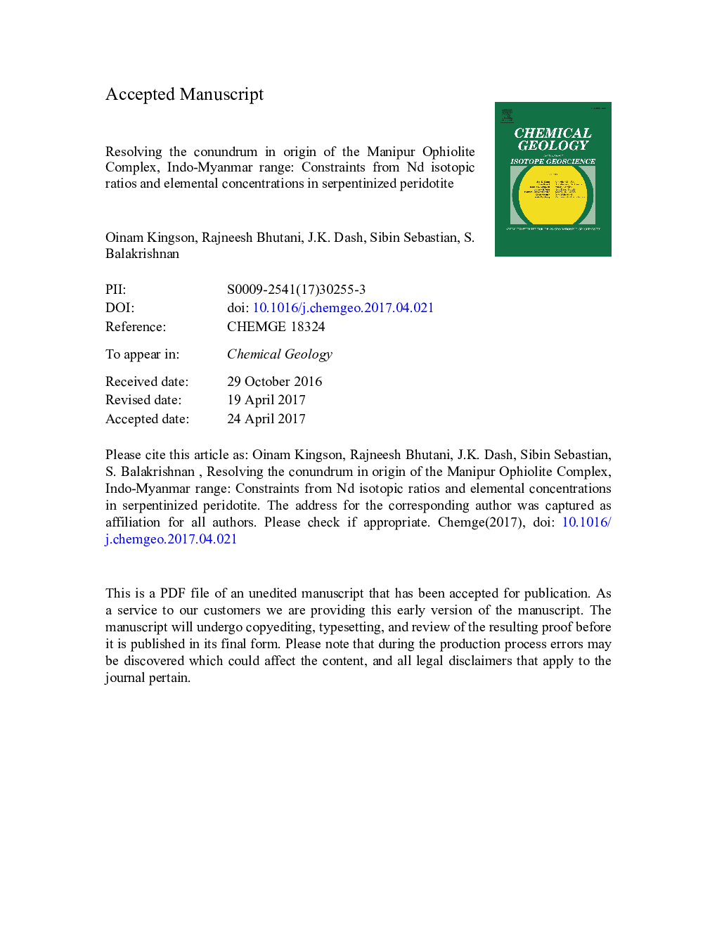 Resolving the conundrum in origin of the Manipur Ophiolite Complex, Indo-Myanmar range: Constraints from Nd isotopic ratios and elemental concentrations in serpentinized peridotite