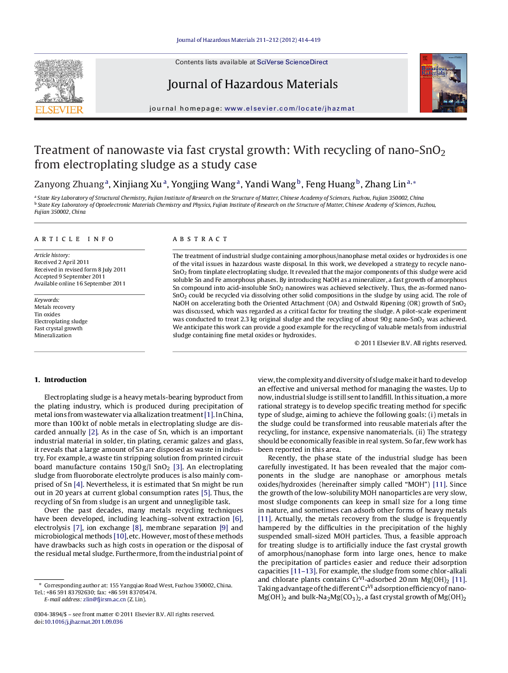 Treatment of nanowaste via fast crystal growth: With recycling of nano-SnO2 from electroplating sludge as a study case