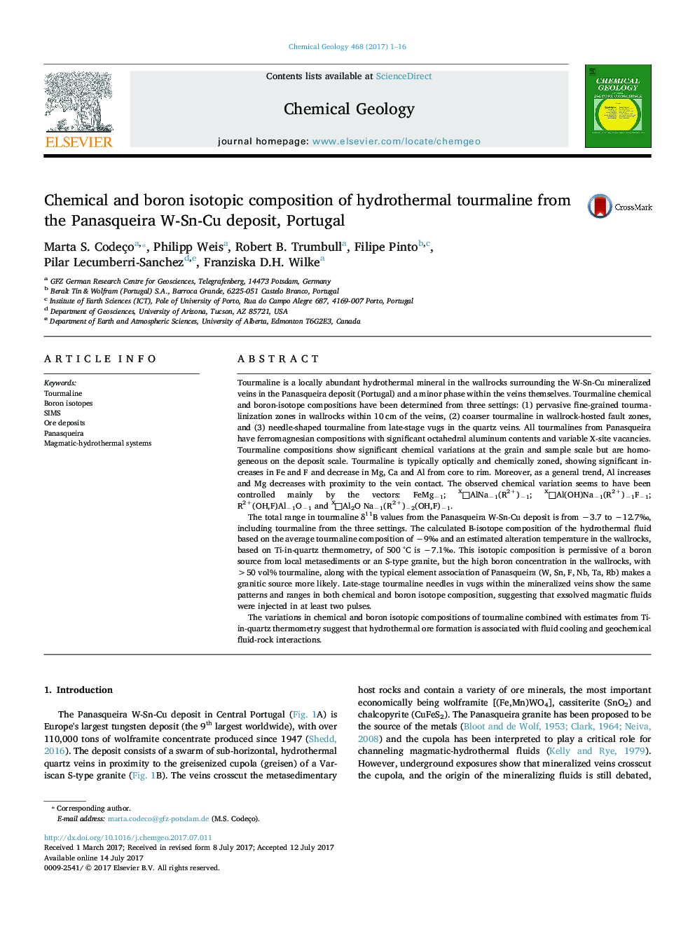 Chemical and boron isotopic composition of hydrothermal tourmaline from the Panasqueira W-Sn-Cu deposit, Portugal