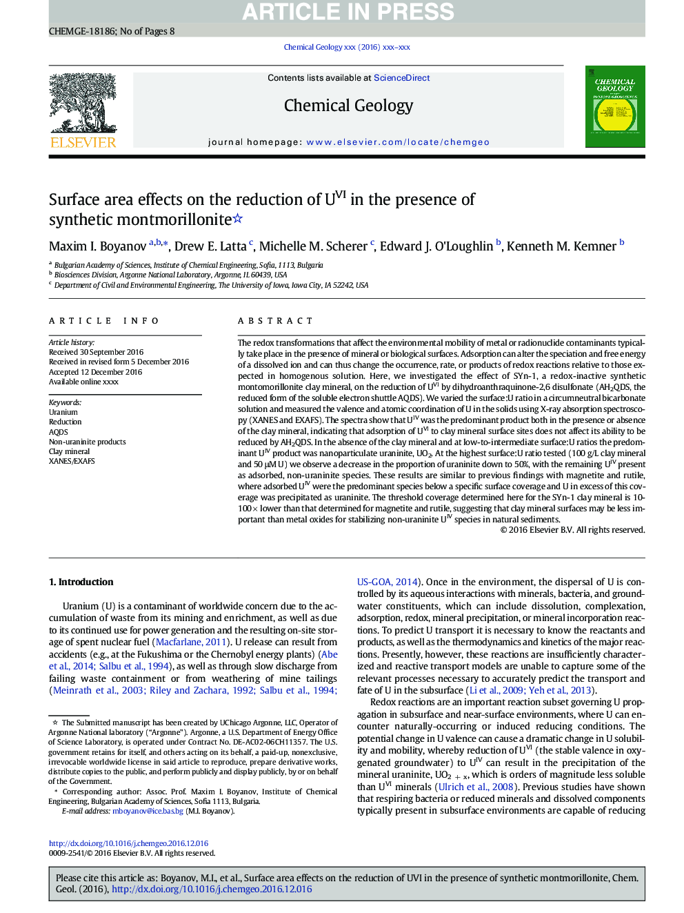 Surface area effects on the reduction of UVI in the presence of synthetic montmorillonite