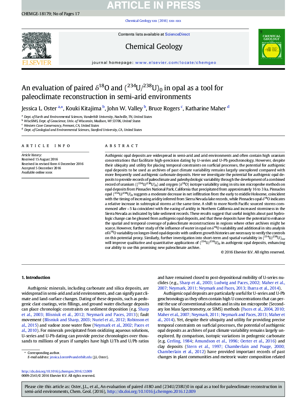 An evaluation of paired Î´18O and (234U/238U)0 in opal as a tool for paleoclimate reconstruction in semi-arid environments