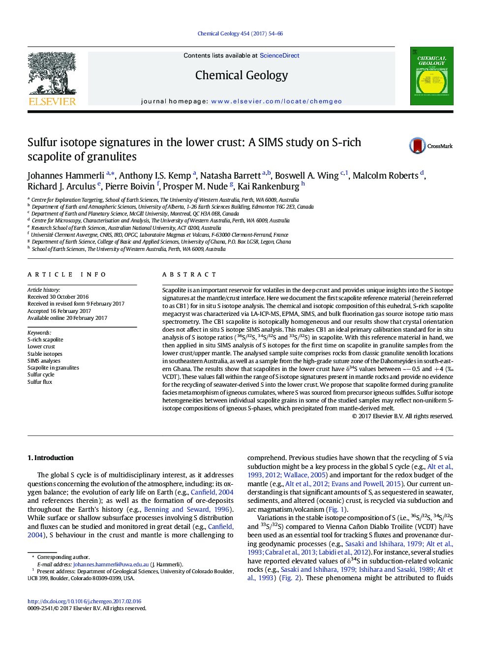 Sulfur isotope signatures in the lower crust: A SIMS study on S-rich scapolite of granulites