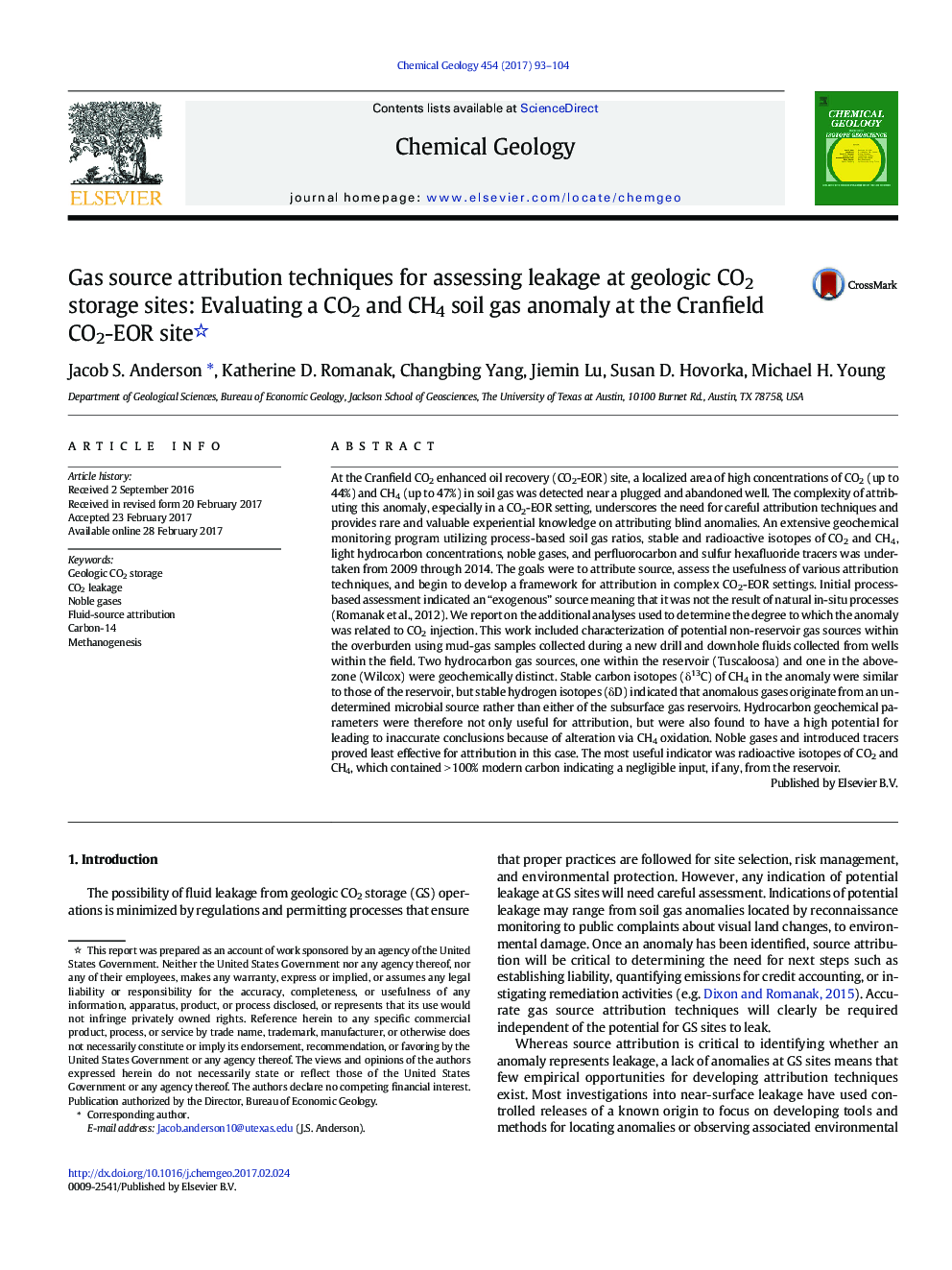 Gas source attribution techniques for assessing leakage at geologic CO2 storage sites: Evaluating a CO2 and CH4 soil gas anomaly at the Cranfield CO2-EOR site