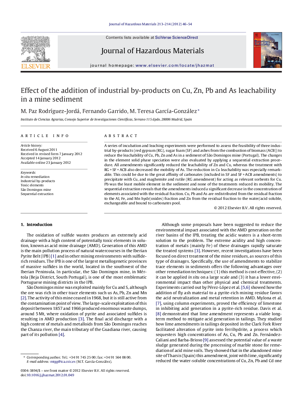 Effect of the addition of industrial by-products on Cu, Zn, Pb and As leachability in a mine sediment