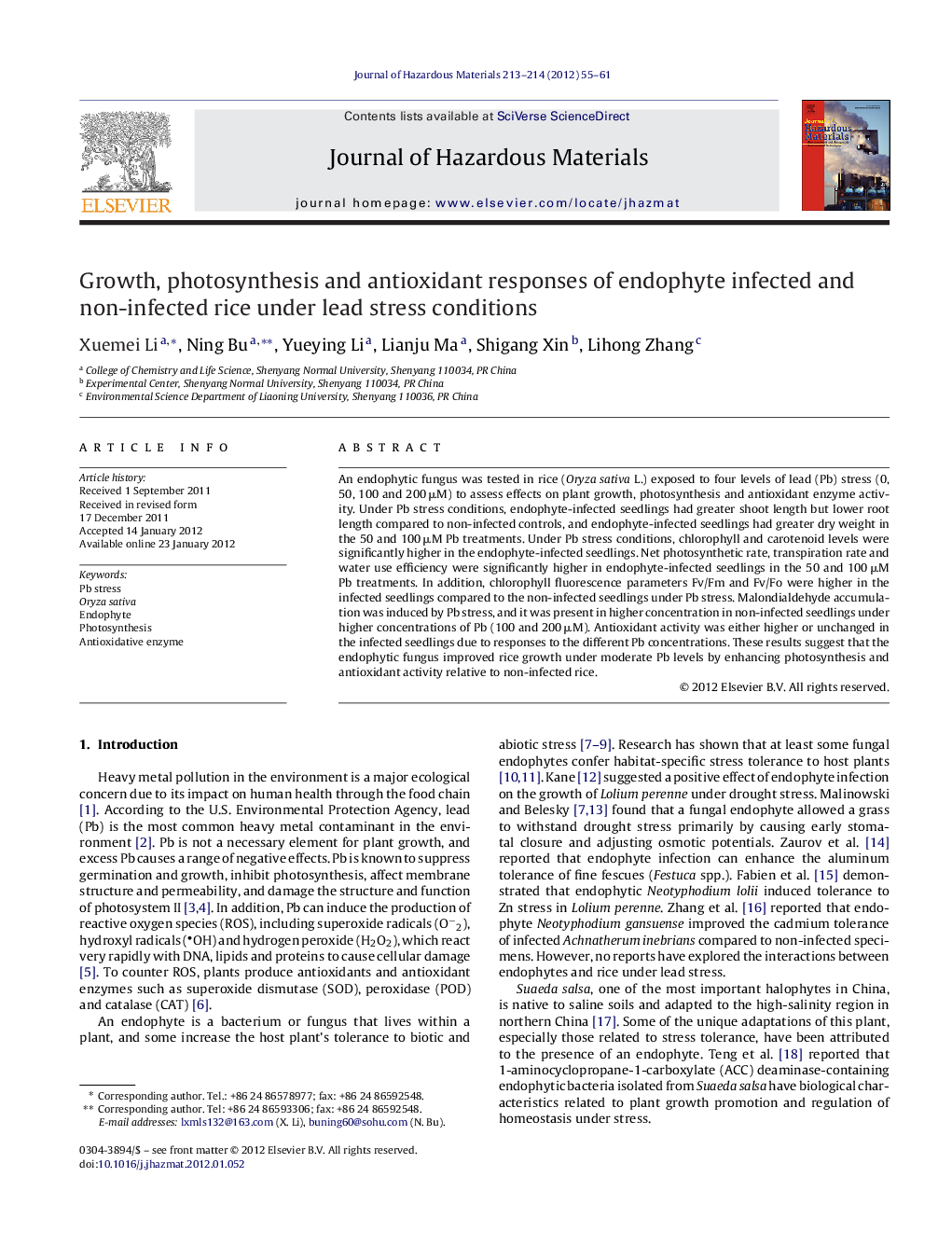 Growth, photosynthesis and antioxidant responses of endophyte infected and non-infected rice under lead stress conditions