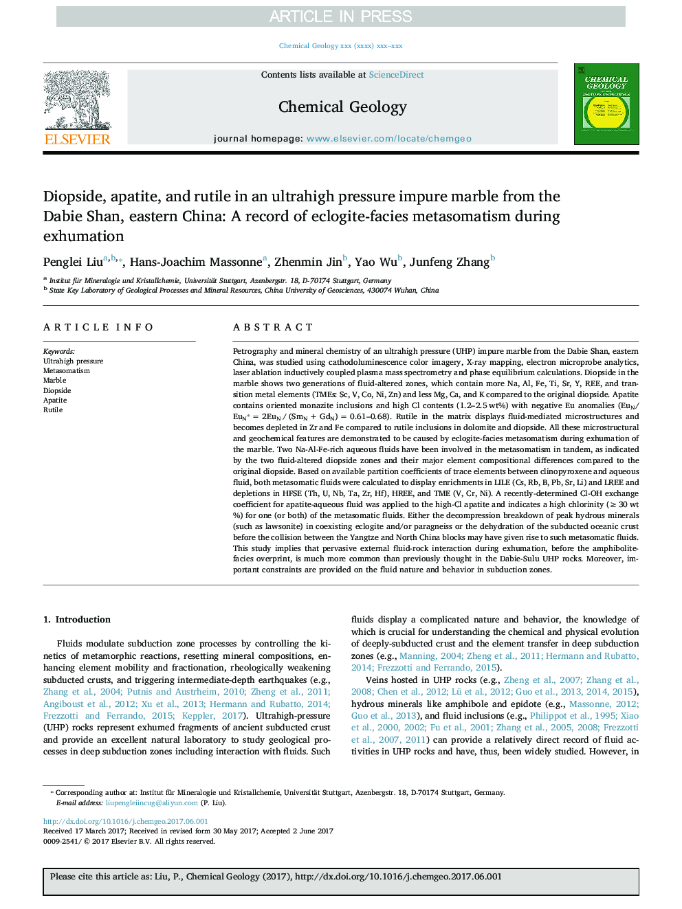 Diopside, apatite, and rutile in an ultrahigh pressure impure marble from the Dabie Shan, eastern China: A record of eclogite-facies metasomatism during exhumation