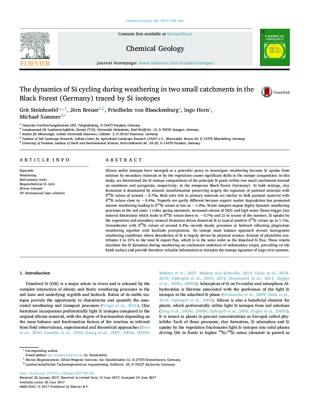 The dynamics of Si cycling during weathering in two small catchments in the Black Forest (Germany) traced by Si isotopes