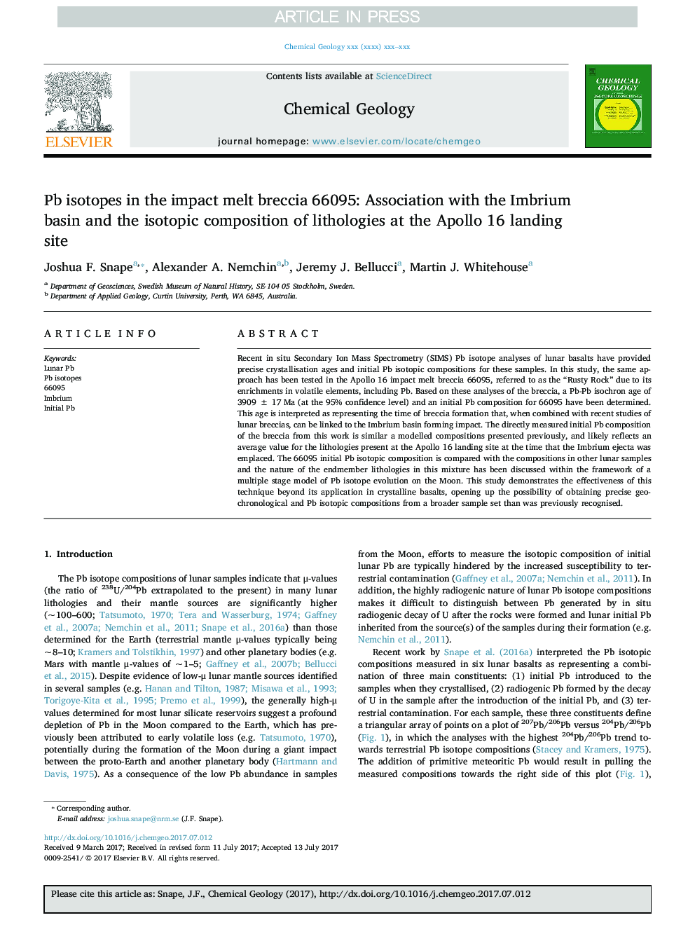 Pb isotopes in the impact melt breccia 66095: Association with the Imbrium basin and the isotopic composition of lithologies at the Apollo 16 landing site