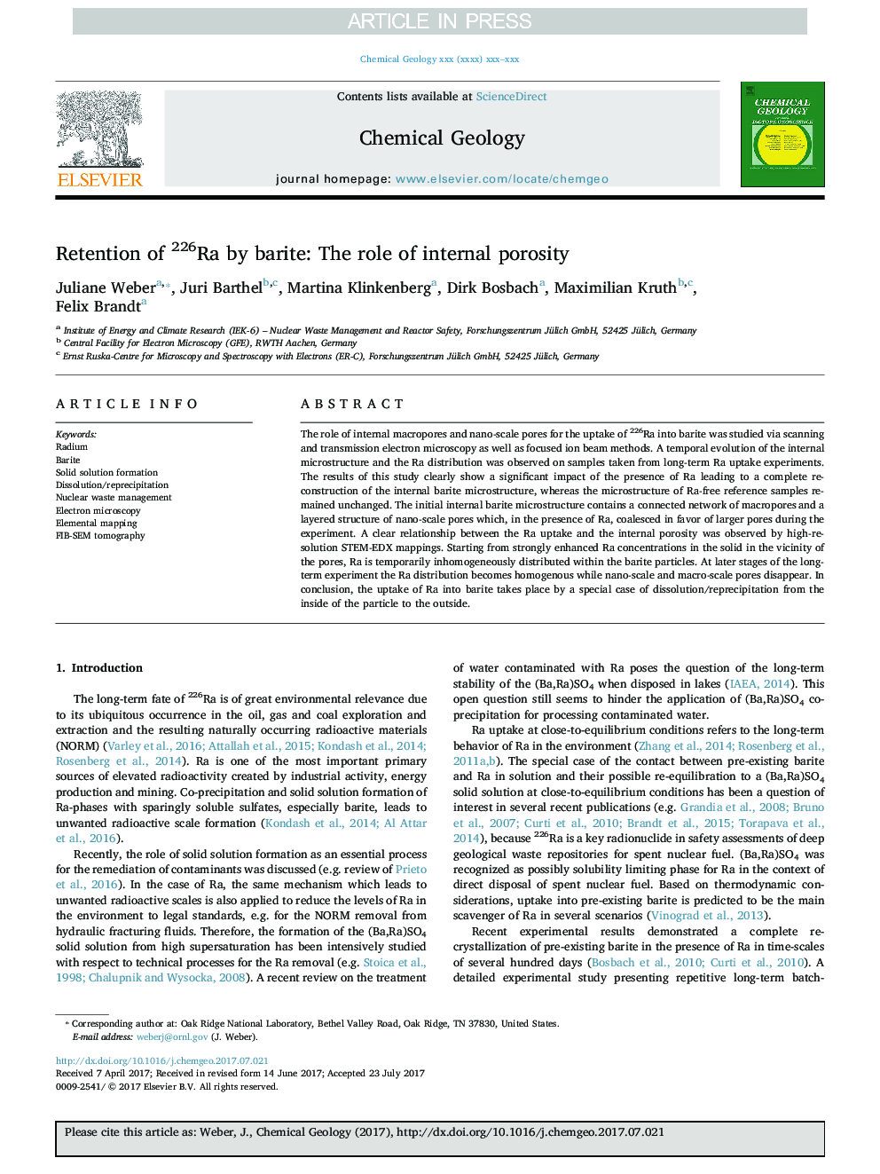 Retention of 226Ra by barite: The role of internal porosity