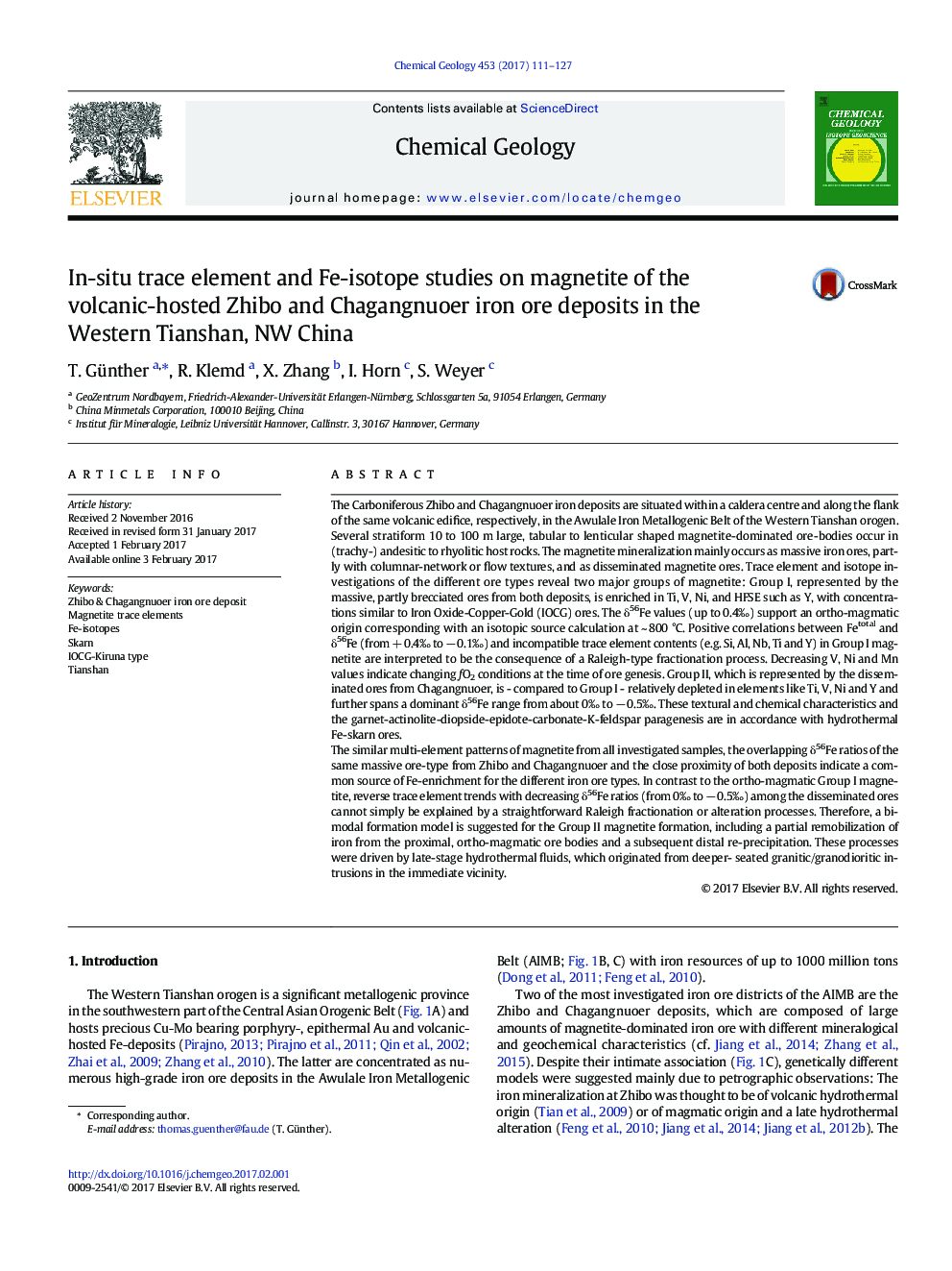 In-situ trace element and Fe-isotope studies on magnetite of the volcanic-hosted Zhibo and Chagangnuoer iron ore deposits in the Western Tianshan, NW China