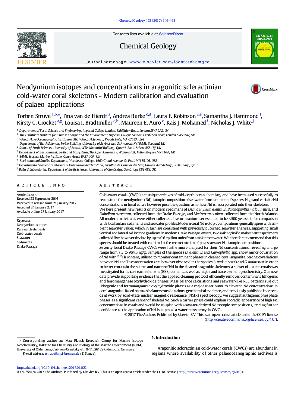 Neodymium isotopes and concentrations in aragonitic scleractinian cold-water coral skeletons - Modern calibration and evaluation of palaeo-applications