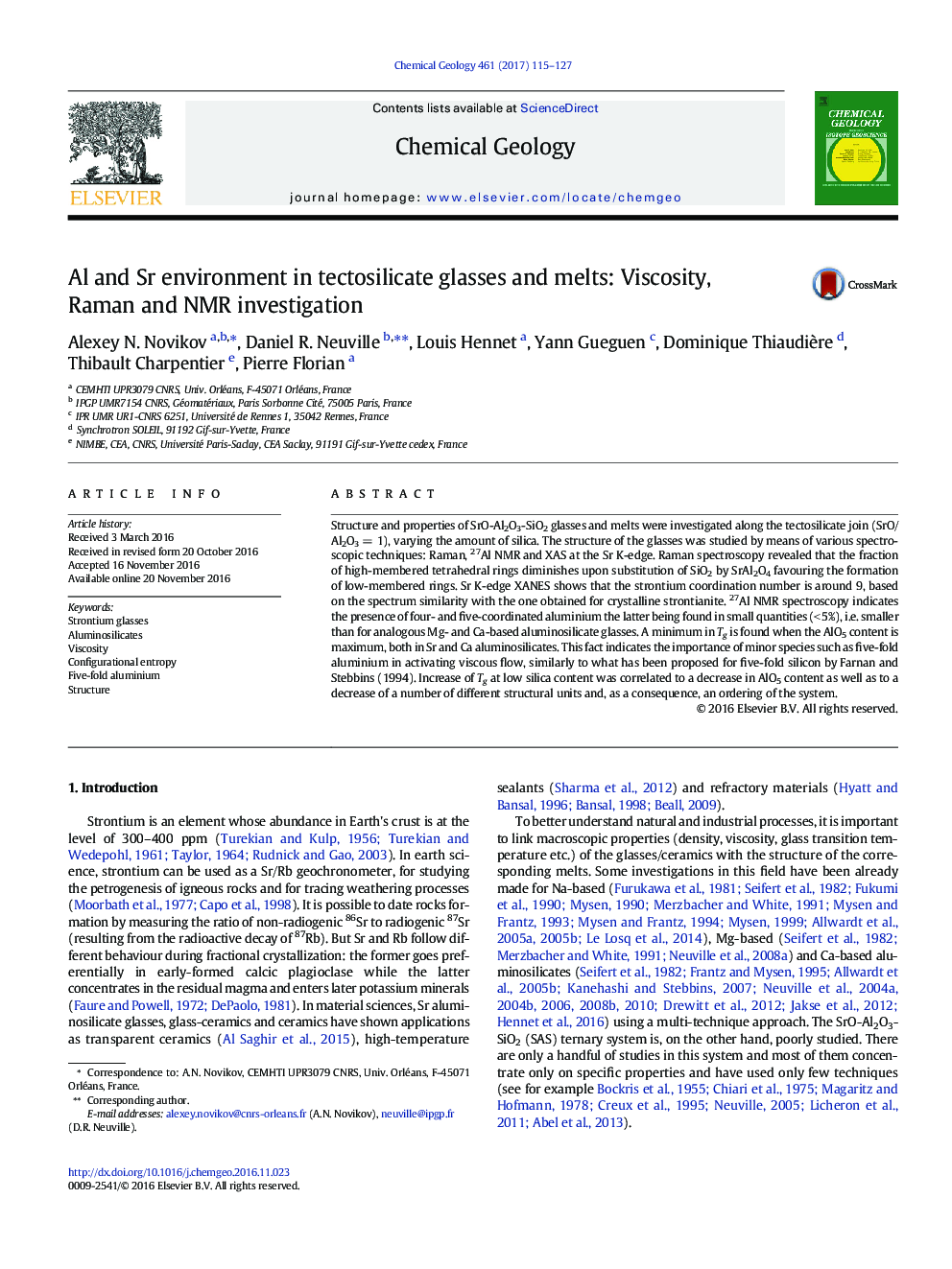 Al and Sr environment in tectosilicate glasses and melts: Viscosity, Raman and NMR investigation