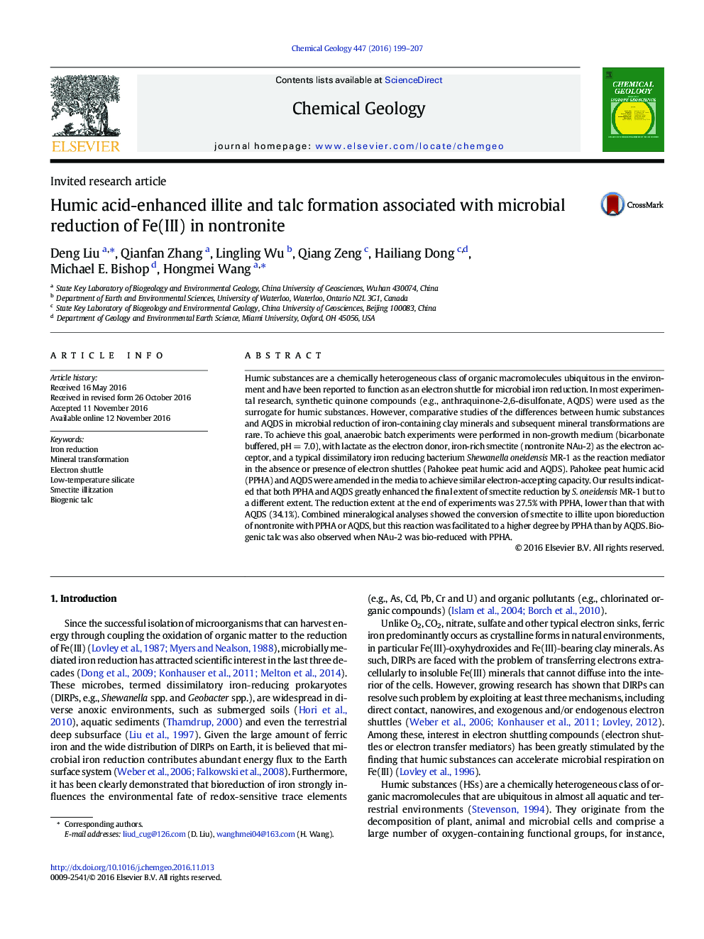 Humic acid-enhanced illite and talc formation associated with microbial reduction of Fe(III) in nontronite