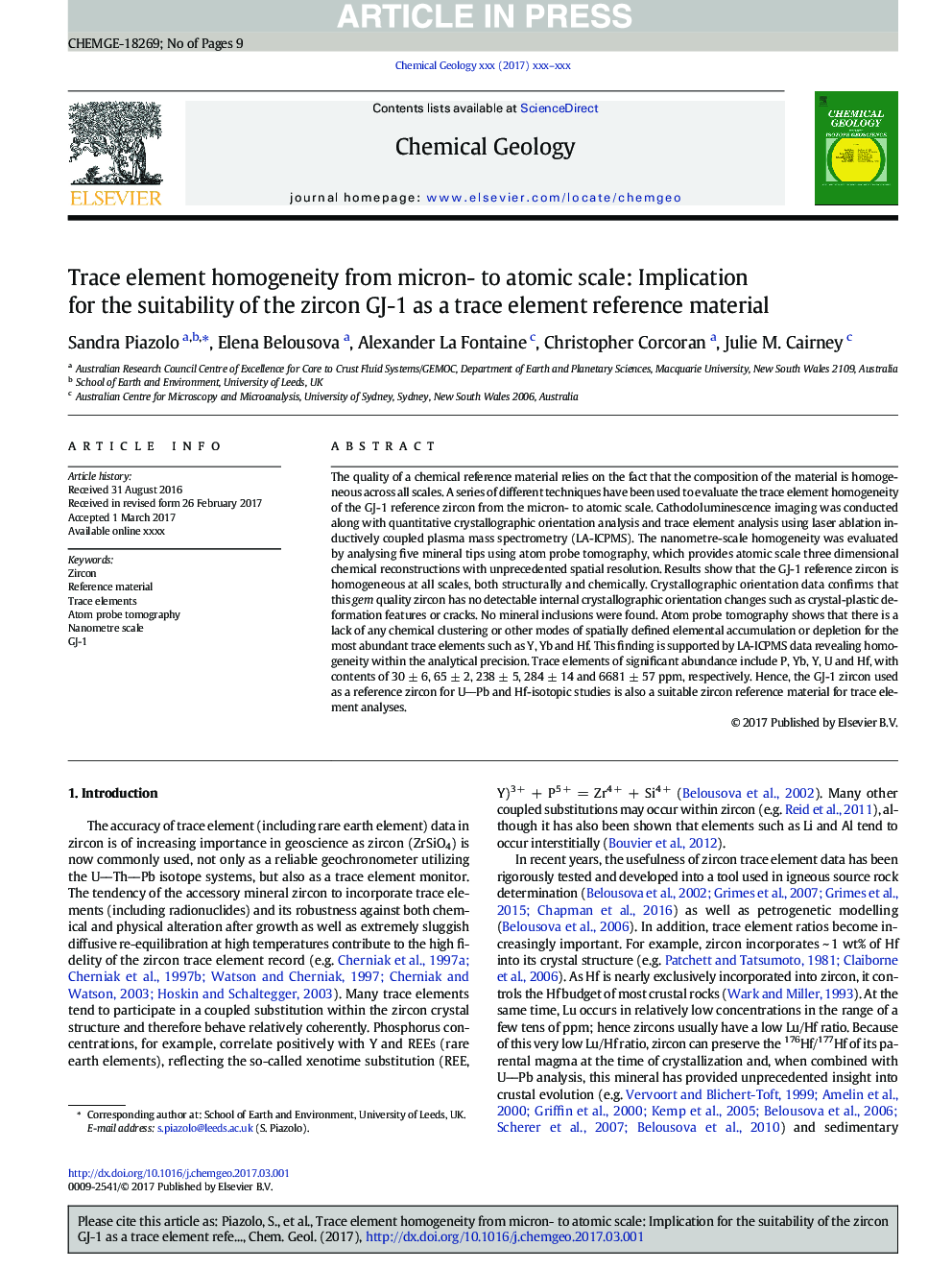 Trace element homogeneity from micron- to atomic scale: Implication for the suitability of the zircon GJ-1 as a trace element reference material