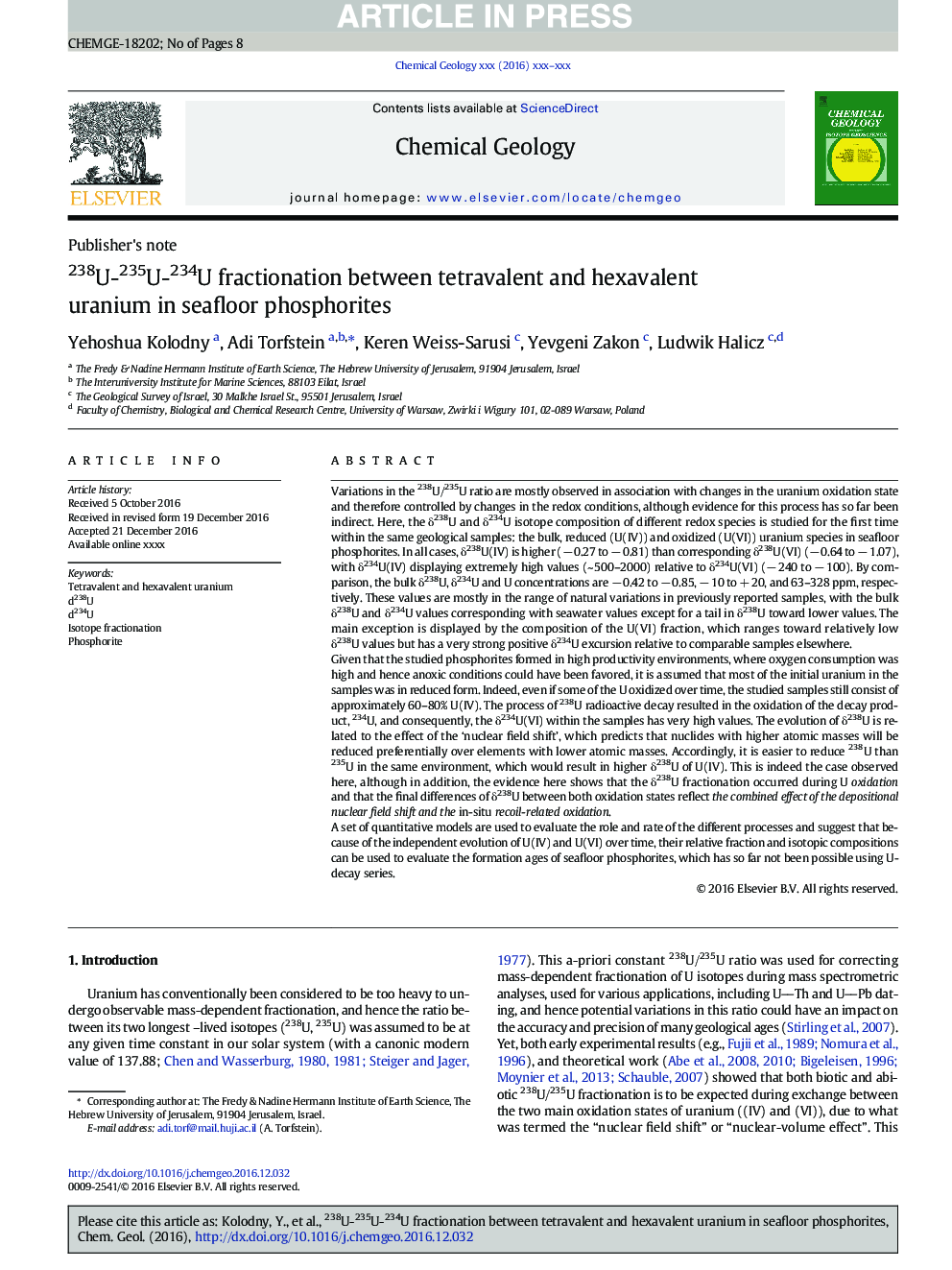 238U-235U-234U fractionation between tetravalent and hexavalent uranium in seafloor phosphorites