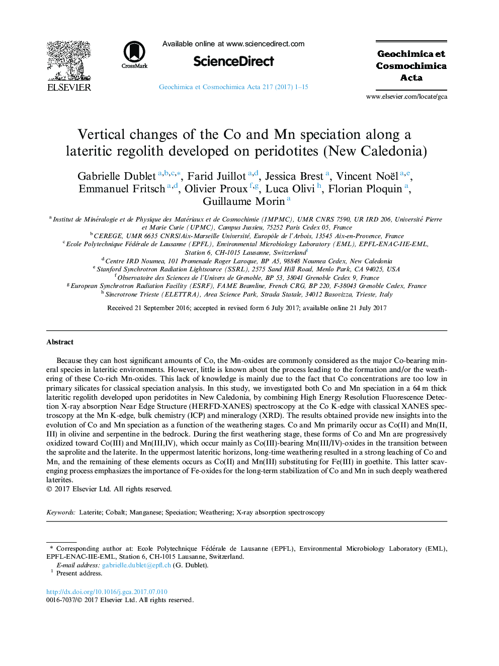 Vertical changes of the Co and Mn speciation along a lateritic regolith developed on peridotites (New Caledonia)