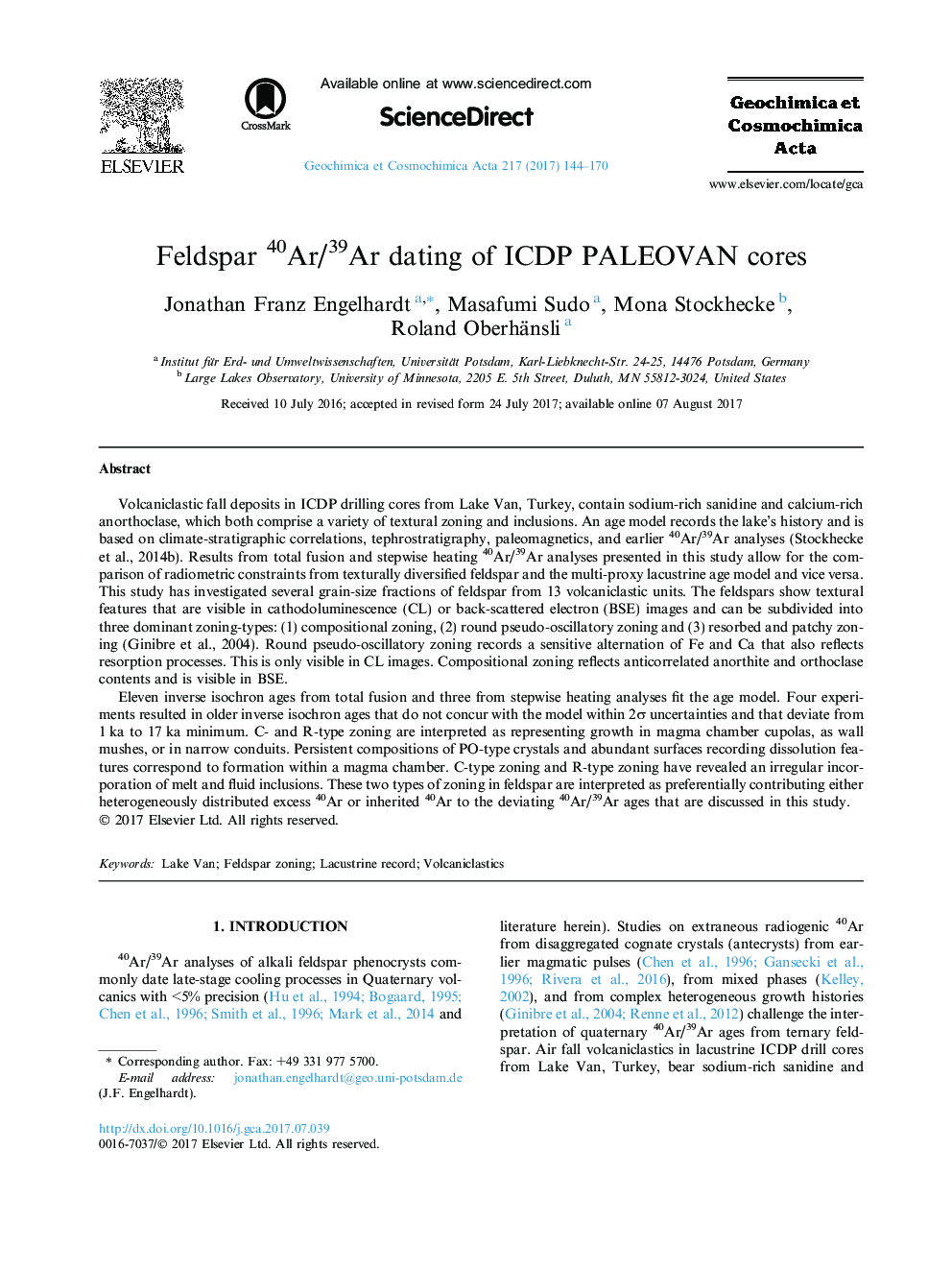 Feldspar 40Ar/39Ar dating of ICDP PALEOVAN cores