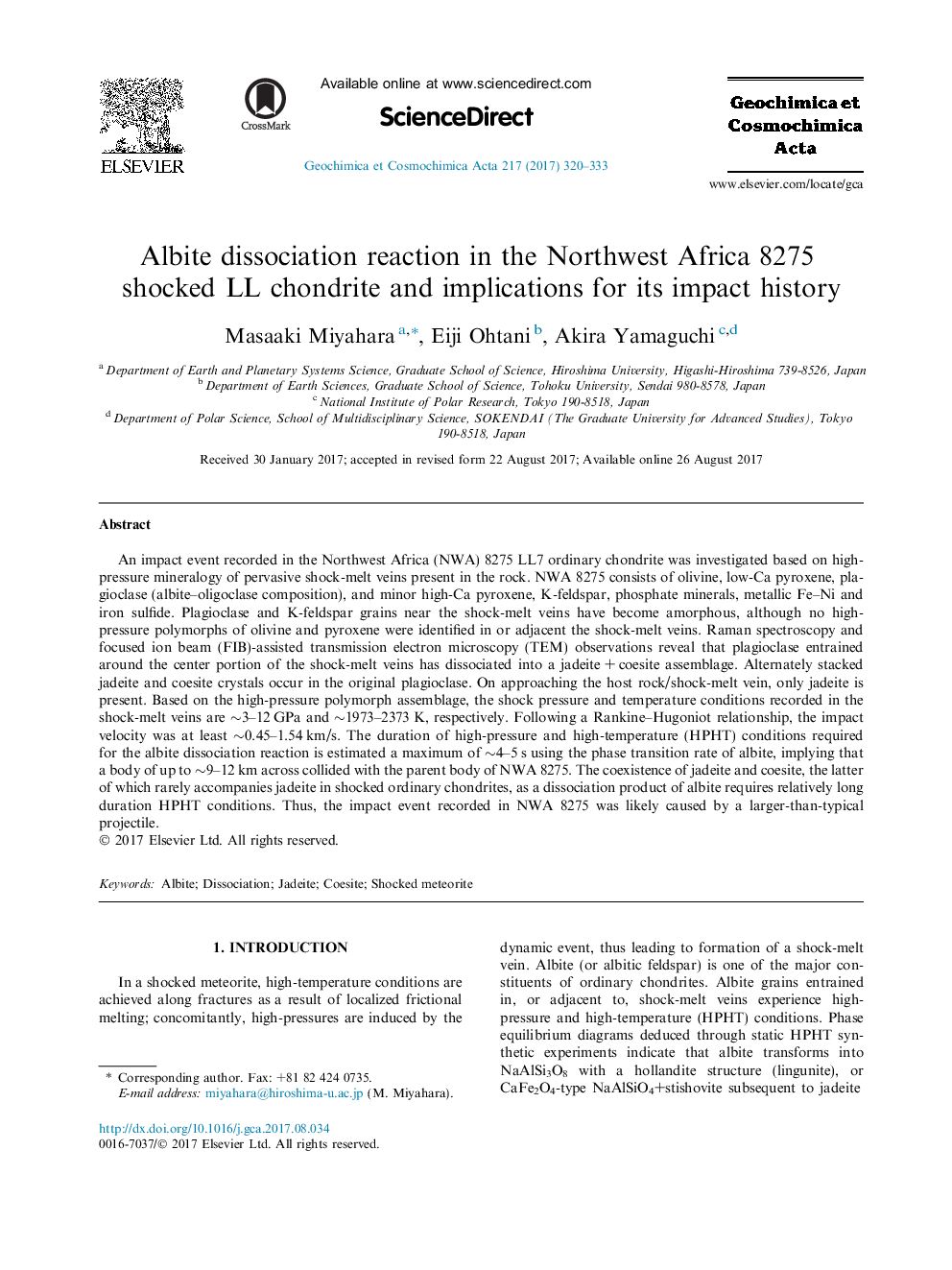 Albite dissociation reaction in the Northwest Africa 8275 shocked LL chondrite and implications for its impact history