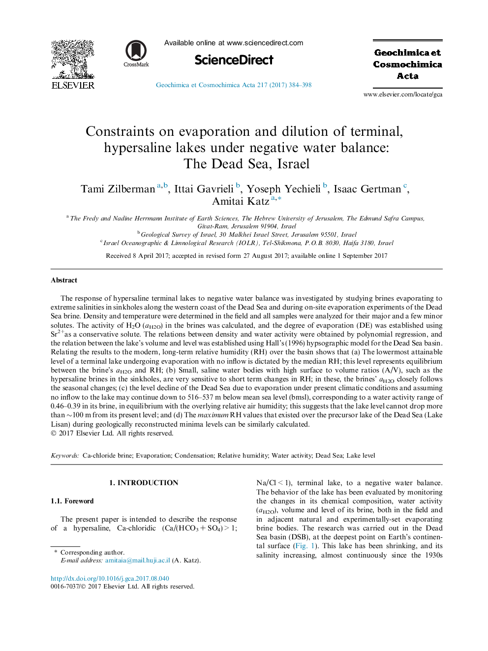 Constraints on evaporation and dilution of terminal, hypersaline lakes under negative water balance: The Dead Sea, Israel