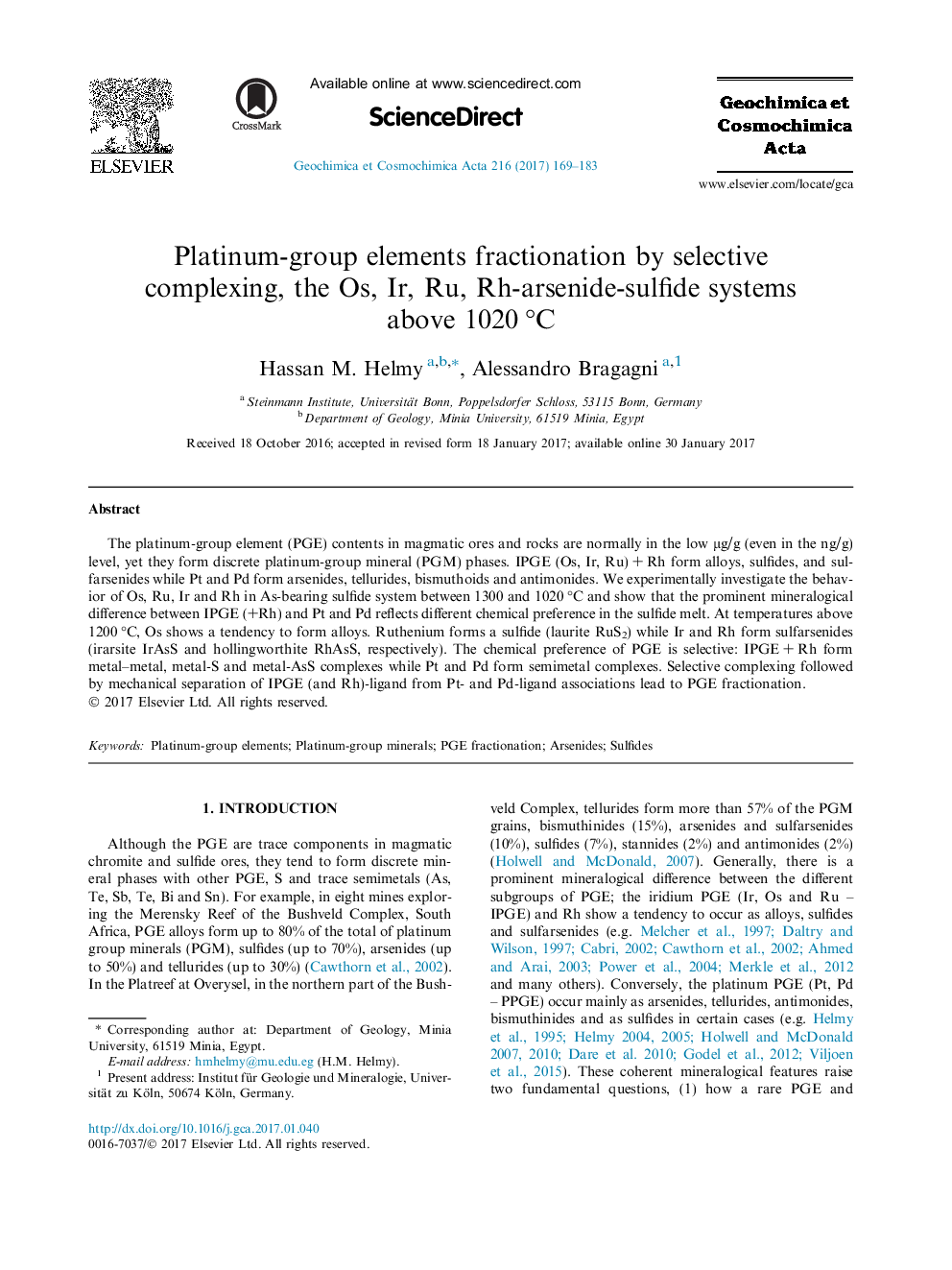 Platinum-group elements fractionation by selective complexing, the Os, Ir, Ru, Rh-arsenide-sulfide systems above 1020Â Â°C