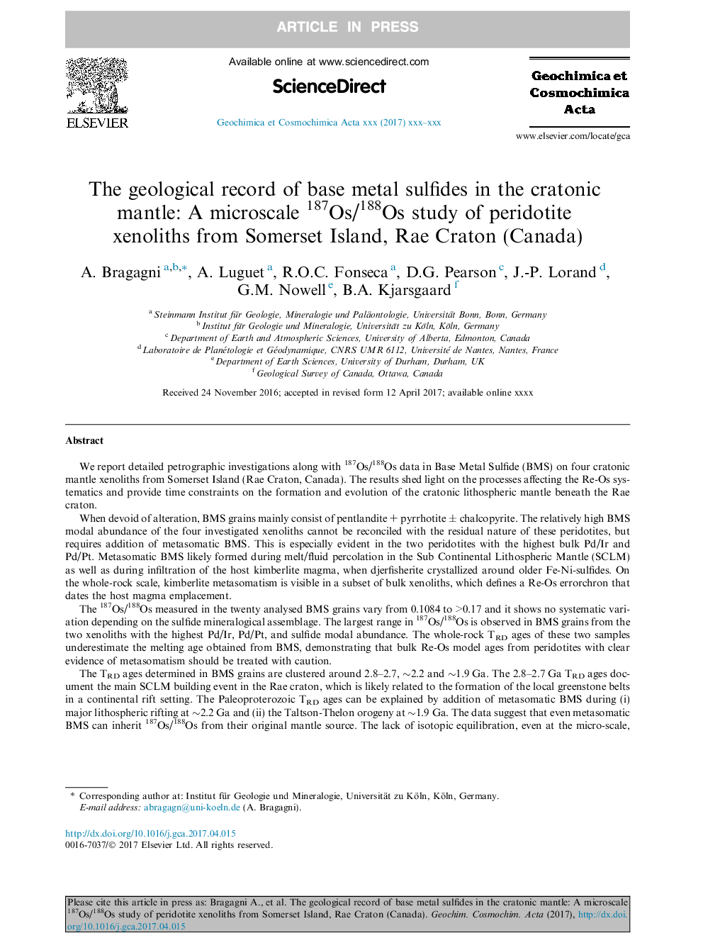 The geological record of base metal sulfides in the cratonic mantle: A microscale 187Os/188Os study of peridotite xenoliths from Somerset Island, Rae Craton (Canada)