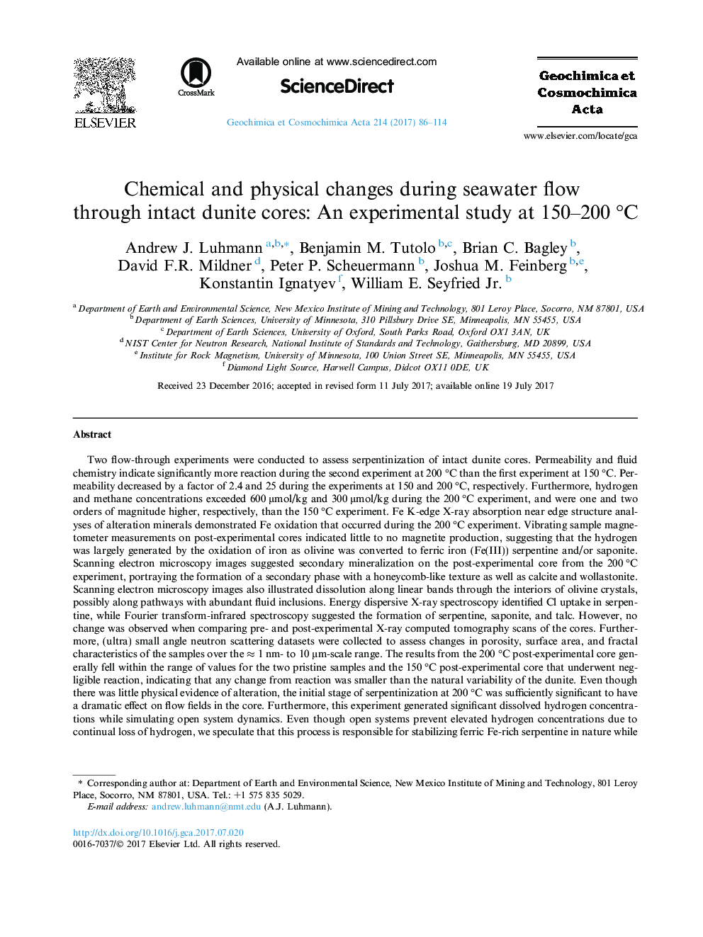 Chemical and physical changes during seawater flow through intact dunite cores: An experimental study at 150-200Â Â°C