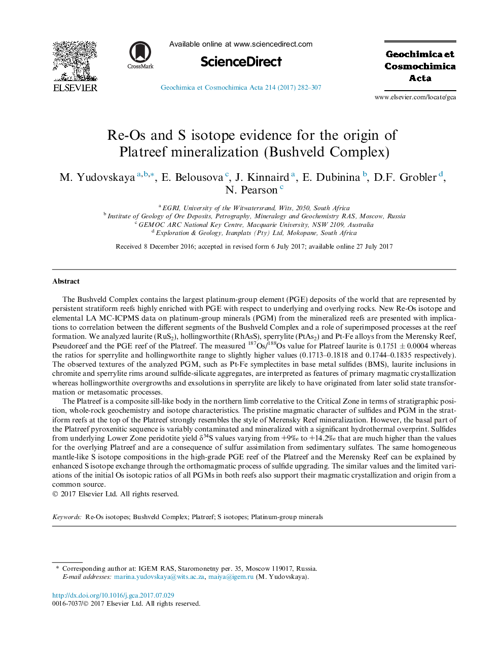 Re-Os and S isotope evidence for the origin of Platreef mineralization (Bushveld Complex)