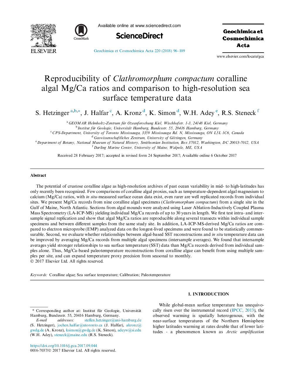 Reproducibility of Clathromorphum compactum coralline algal Mg/Ca ratios and comparison to high-resolution sea surface temperature data