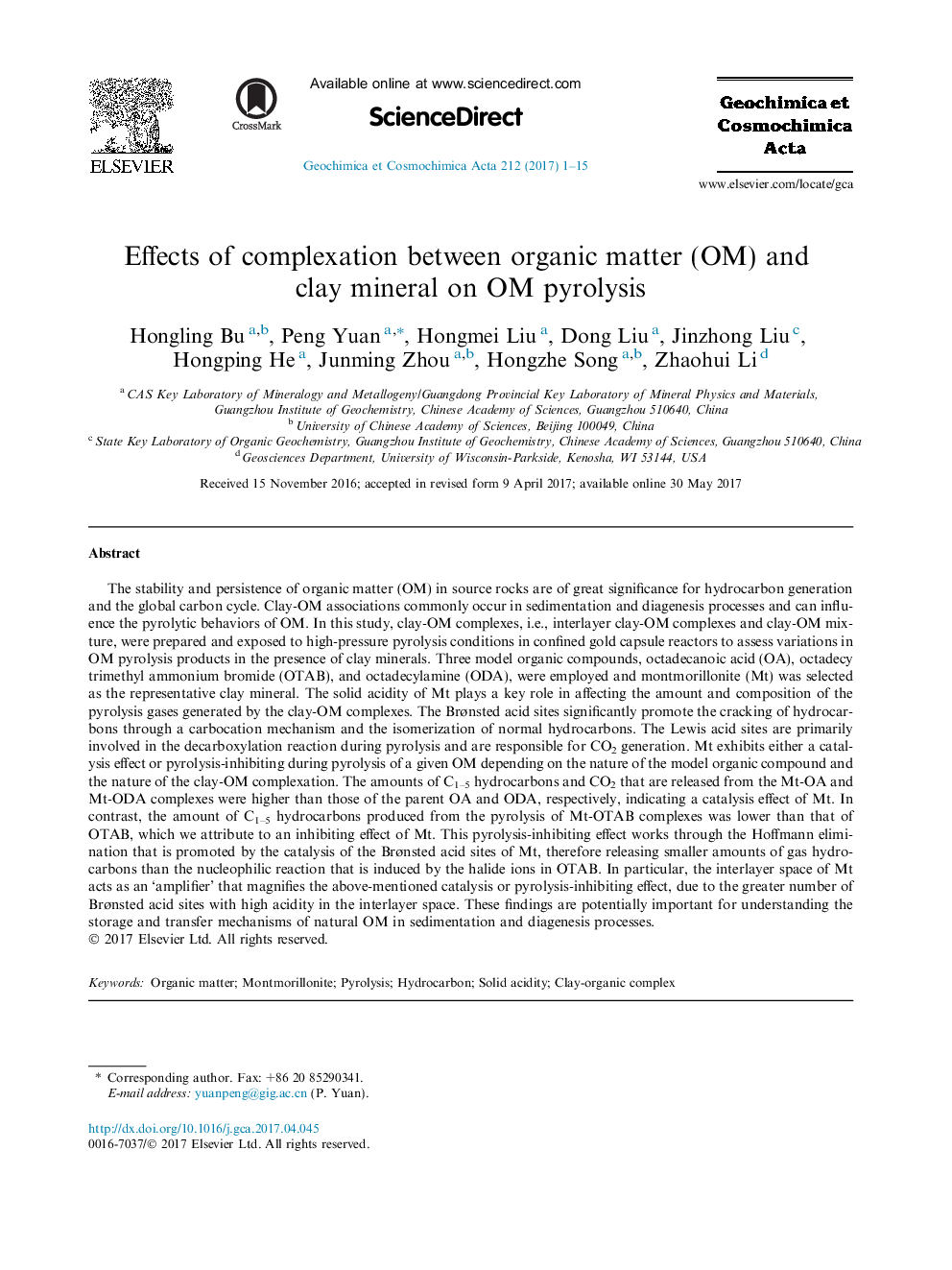 Effects of complexation between organic matter (OM) and clay mineral on OM pyrolysis