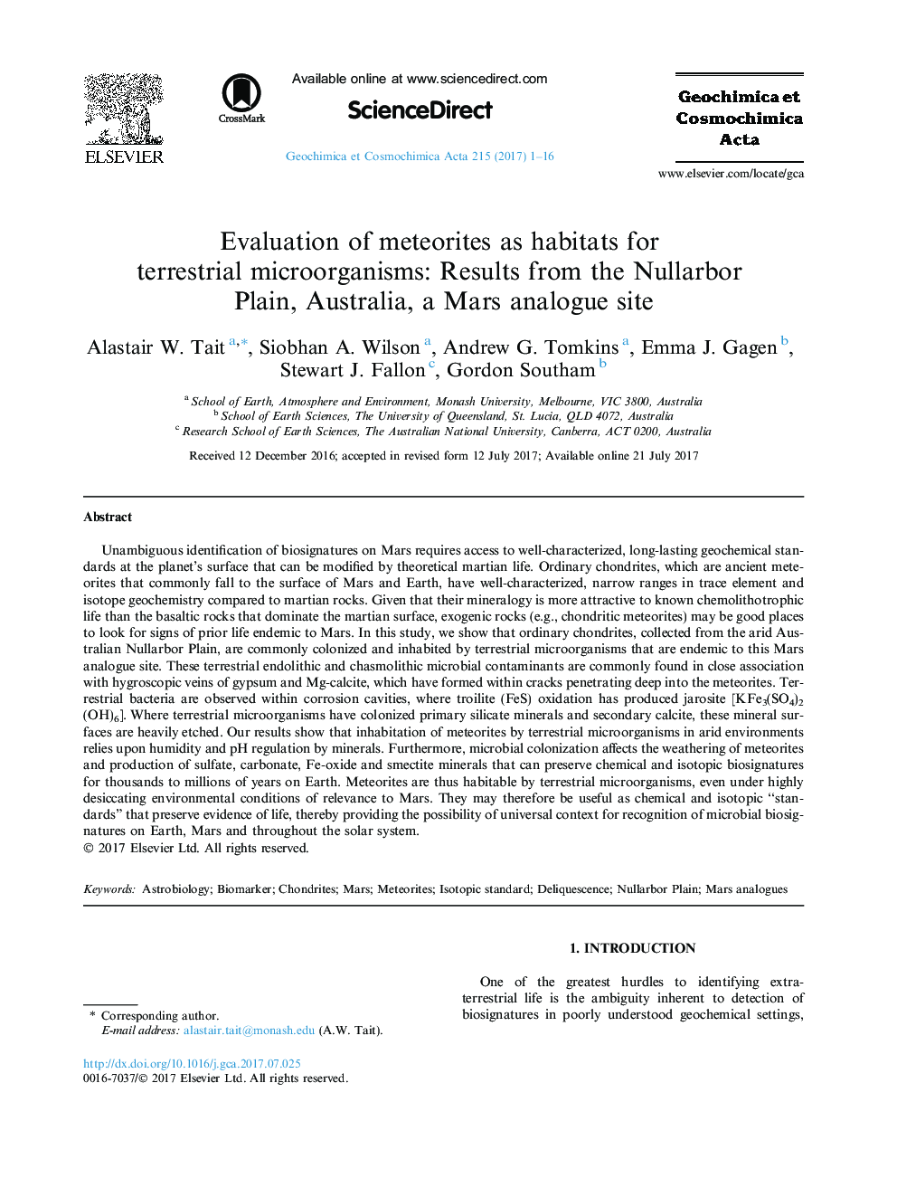Evaluation of meteorites as habitats for terrestrial microorganisms: Results from the Nullarbor Plain, Australia, a Mars analogue site