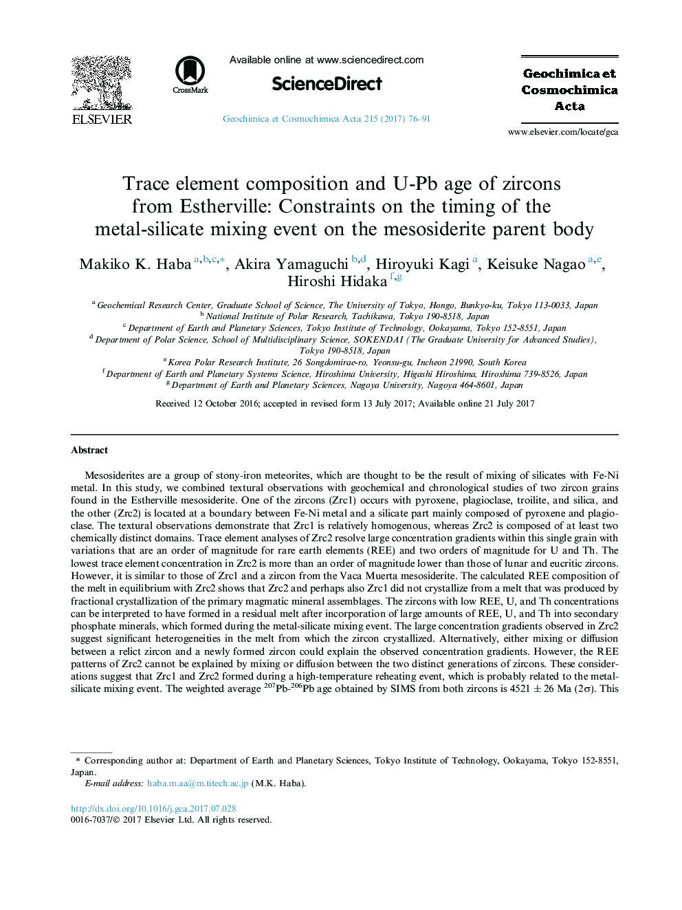 Trace element composition and U-Pb age of zircons from Estherville: Constraints on the timing of the metal-silicate mixing event on the mesosiderite parent body