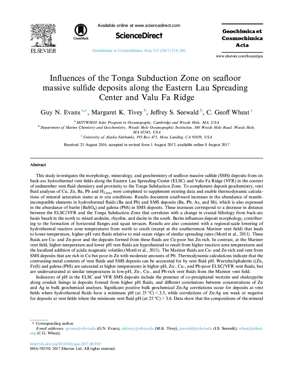 Influences of the Tonga Subduction Zone on seafloor massive sulfide deposits along the Eastern Lau Spreading Center and Valu Fa Ridge