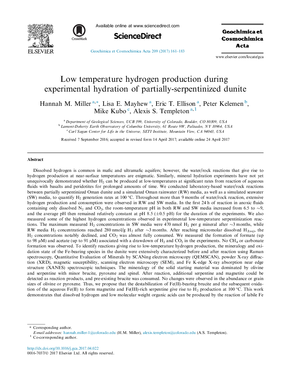 Low temperature hydrogen production during experimental hydration of partially-serpentinized dunite