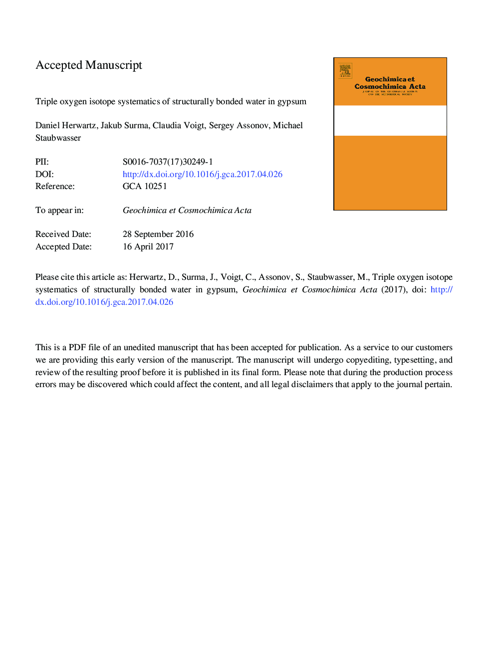 Triple oxygen isotope systematics of structurally bonded water in gypsum