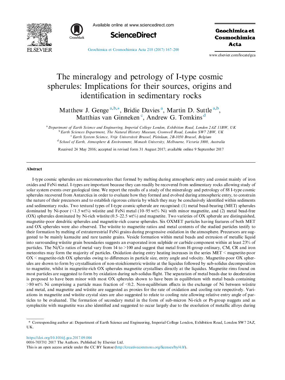 The mineralogy and petrology of I-type cosmic spherules: Implications for their sources, origins and identification in sedimentary rocks