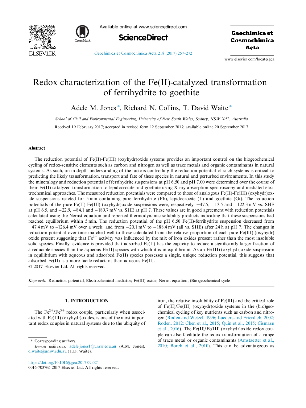 Redox characterization of the Fe(II)-catalyzed transformation of ferrihydrite to goethite