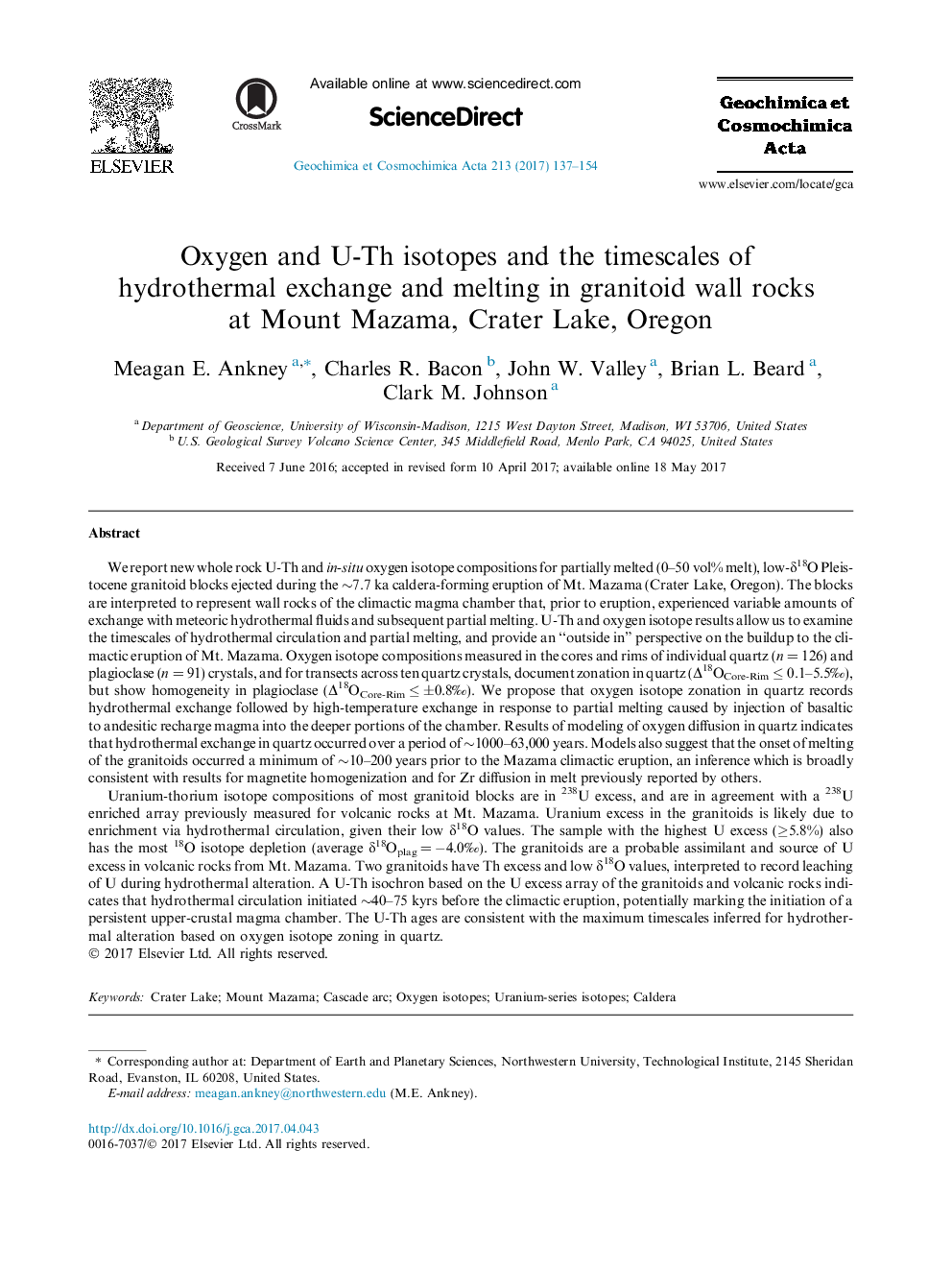 Oxygen and U-Th isotopes and the timescales of hydrothermal exchange and melting in granitoid wall rocks at Mount Mazama, Crater Lake, Oregon