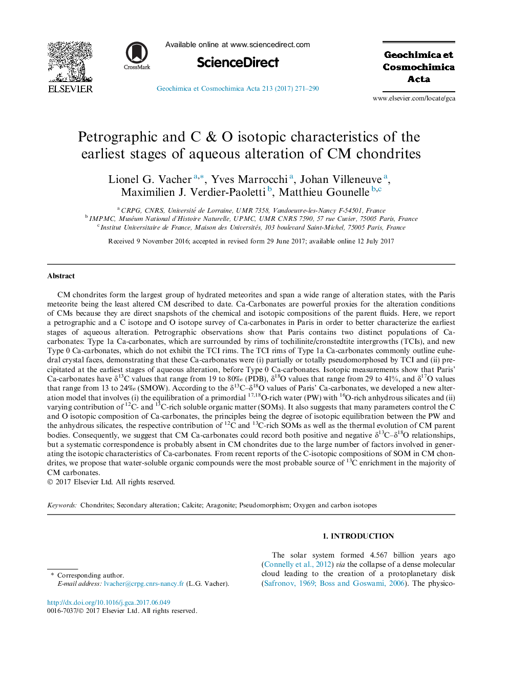 Petrographic and C & O isotopic characteristics of the earliest stages of aqueous alteration of CM chondrites