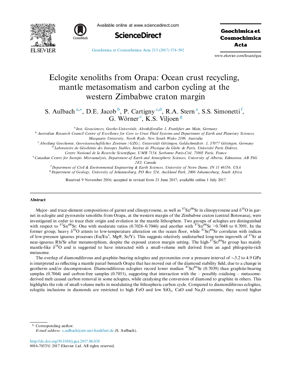 Eclogite xenoliths from Orapa: Ocean crust recycling, mantle metasomatism and carbon cycling at the western Zimbabwe craton margin